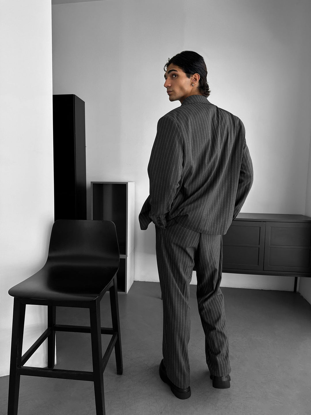 Oversize Pinstripe Podwójnie Zapięty Garnitur - Antracyt