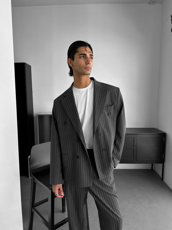 Oversize Pinstripe Podwójnie Zapięty Garnitur - Antracyt