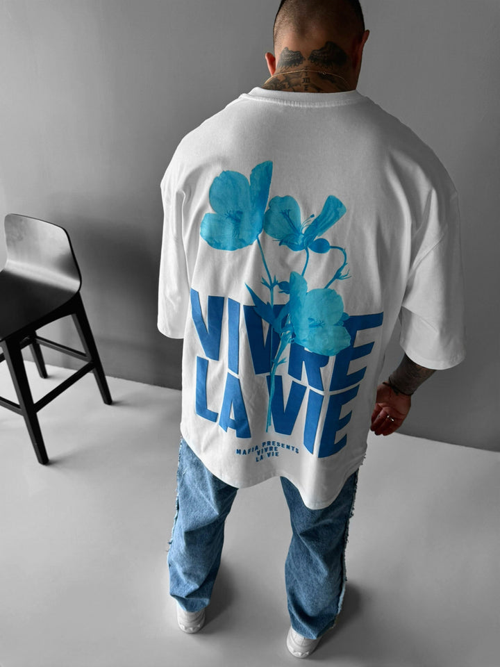 Oversize T-shirt Vivre la Vie - Ecru i Niebieski