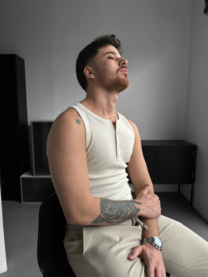 Slim Fit Button Tanktop - Beżowy