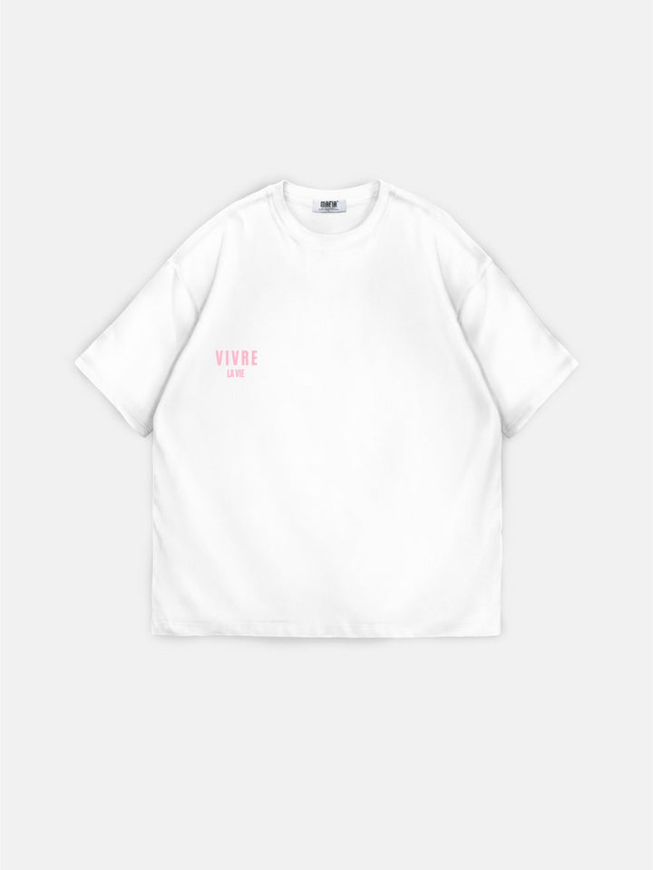 Oversize T-shirt Vivre la Vie - Ecru i Pudrowy