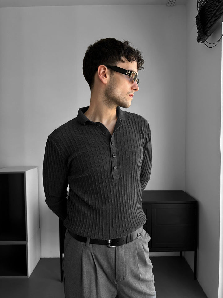 Sweter Polo Slim Fit - Antracytowy