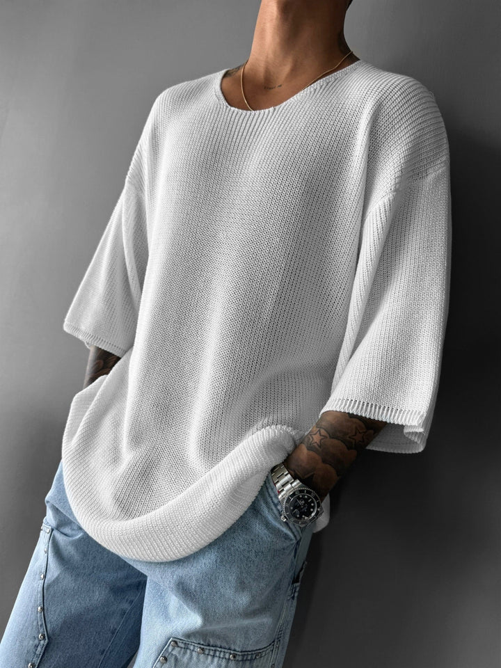 Oversize Długi T-Shirt Dzianinowy - Biały