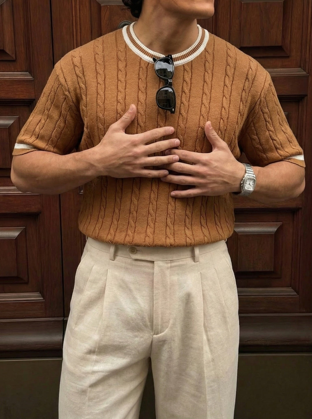 T-shirt Regular Fit Braid Knit - Camel