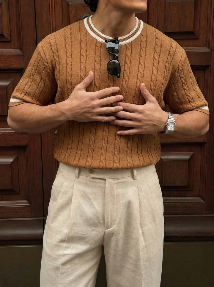 T-shirt Regular Fit Braid Knit - Camel