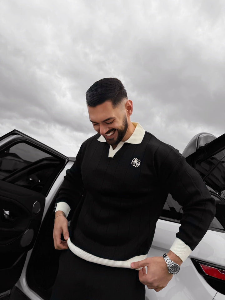 Oversized Haftowany Sweter Polo - Czarny