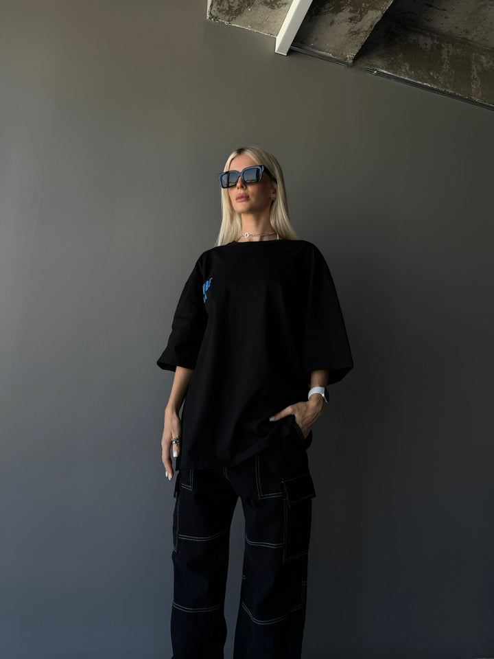 T-shirt Oversize Vivre la Vie - Czarny i Niebieski