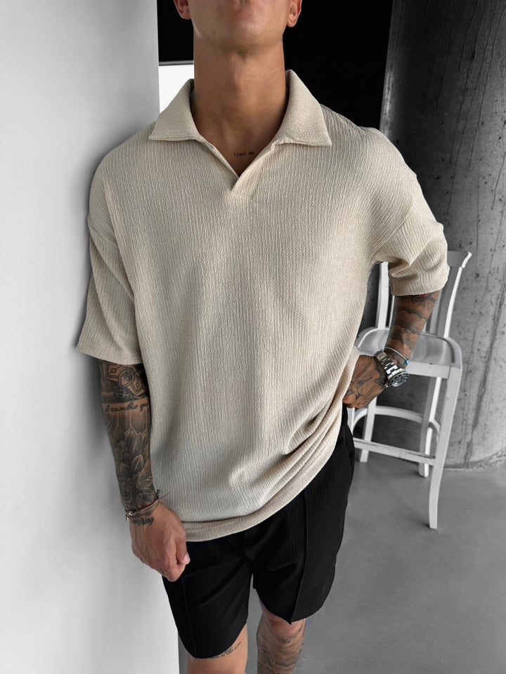 Oversize Crepe Polo T-Shirt - Beżowy