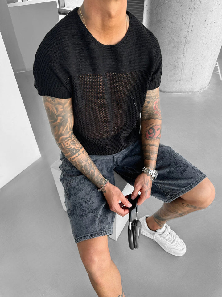 Oversize Teksturowana Koszulka T-shirt - Czarna