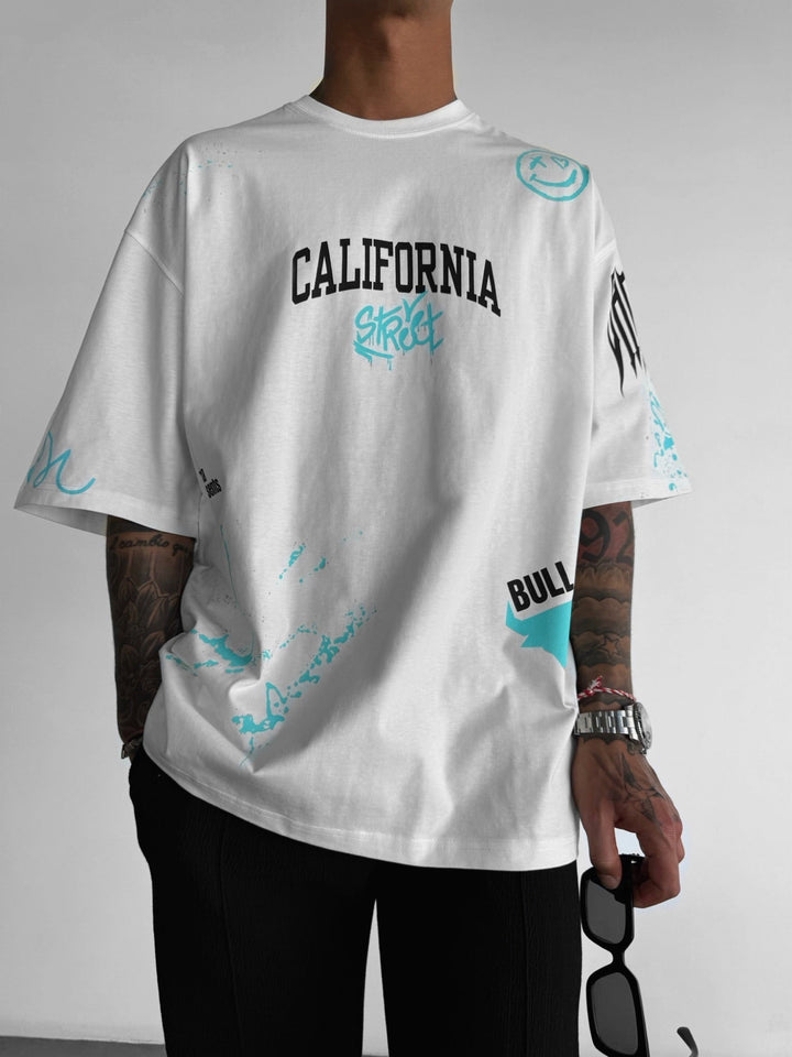T-shirt Oversize California Graffiti - Ecru i Turkus