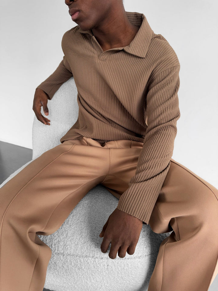 Oversize Ribbed Long Arm Polo T-shirt - Brązowy