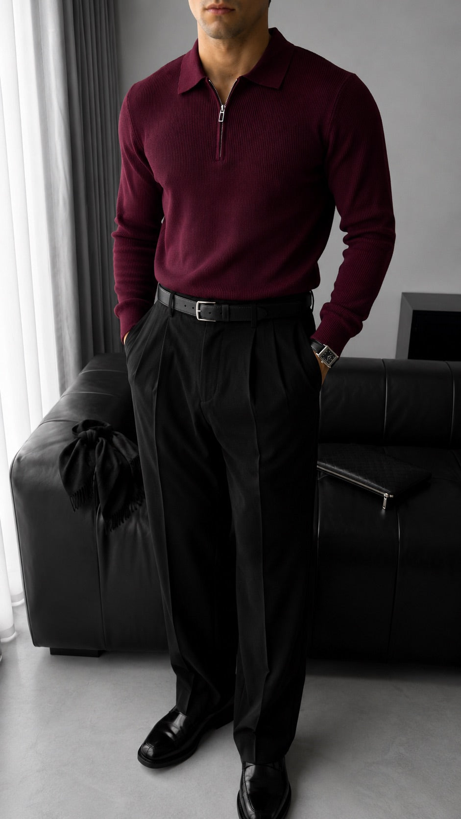 Luźny Sweter Polo - Bordeaux