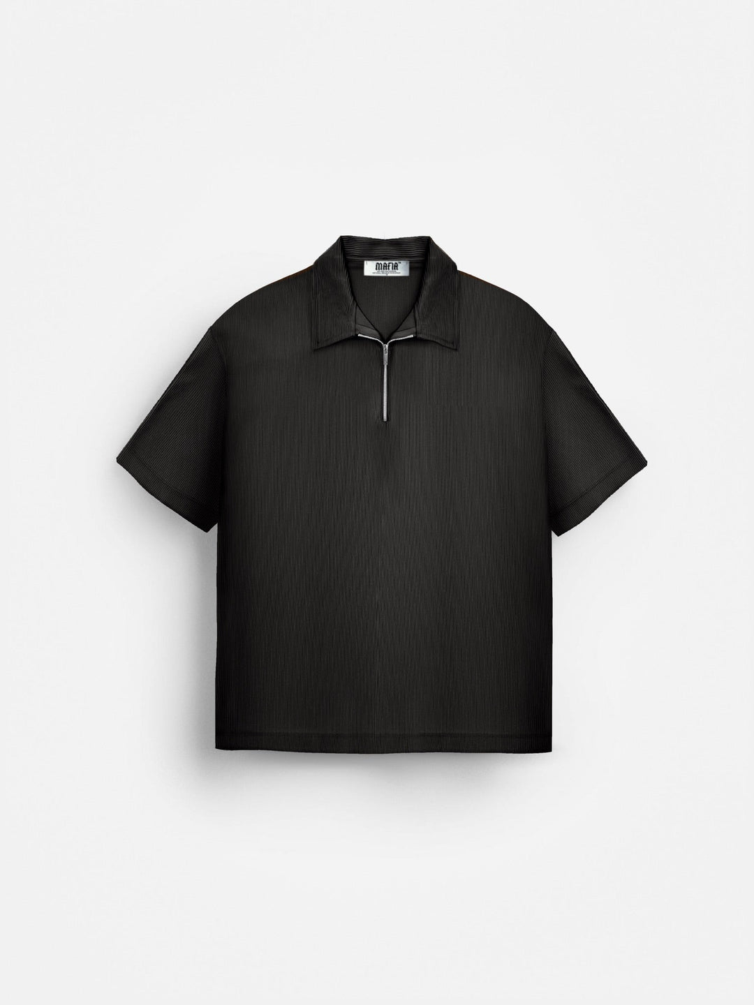 Oversize Teksturowana Koszulka Polo z Zamkiem - Czarna