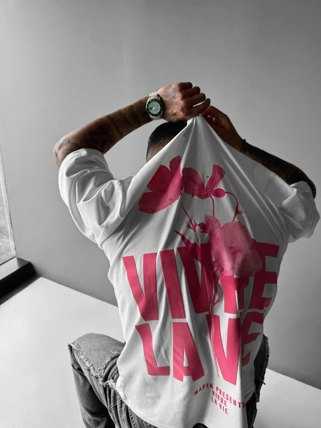 Oversize T-shirt Vivre la Vie - Ecru i Pudrowy