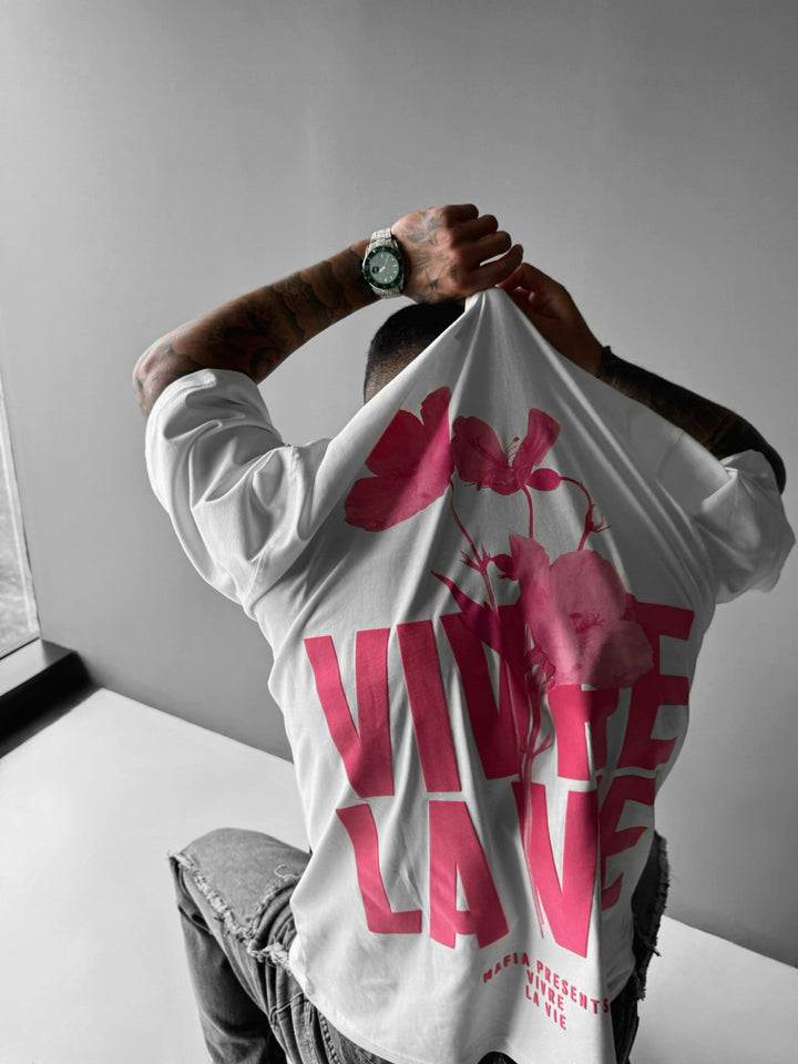 Oversize T-shirt Vivre la Vie - Ecru i Pudrowy