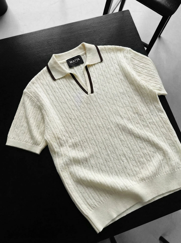 Oversize Structured Polo T-Shirt - Ecru i Brąz