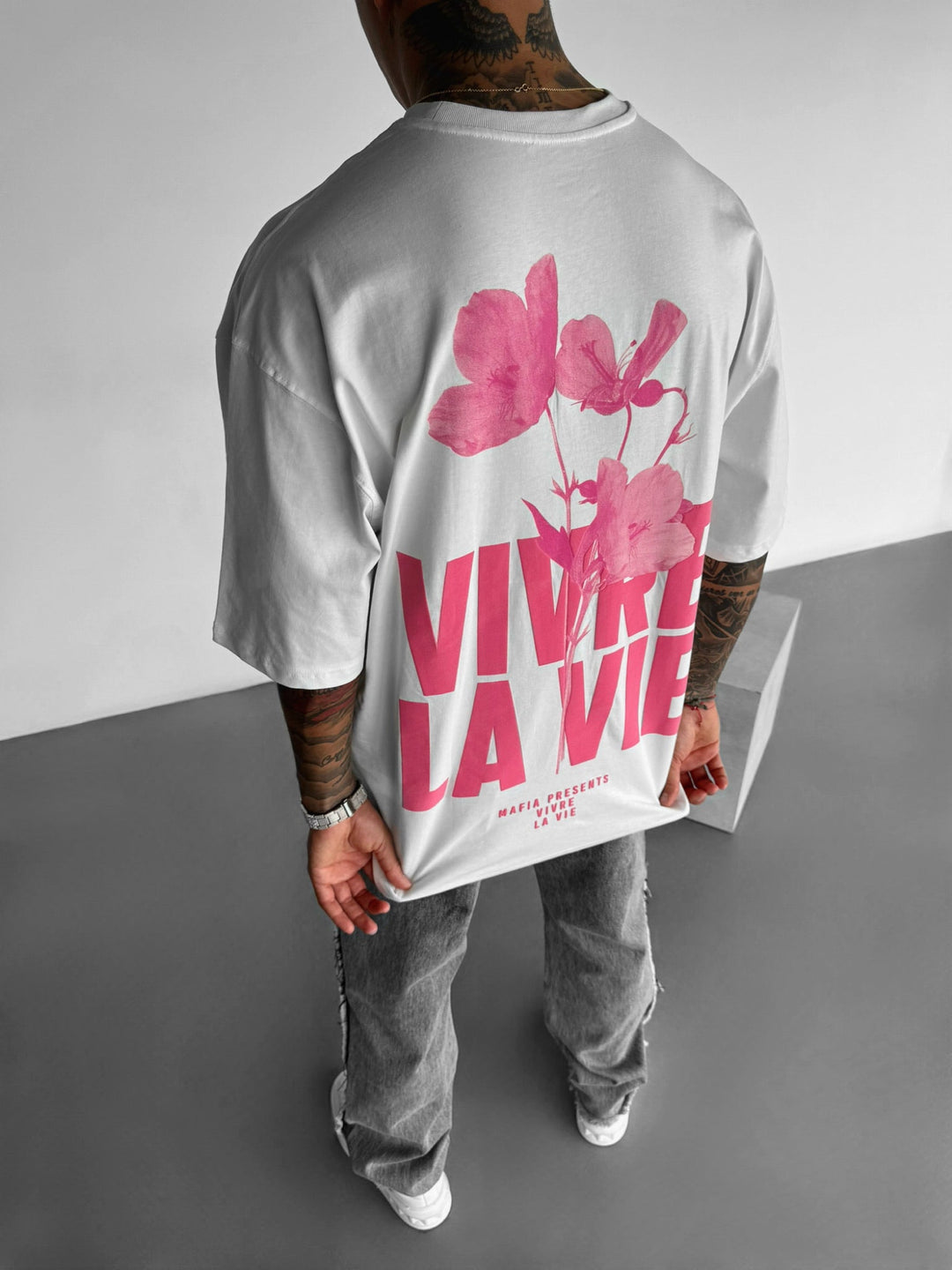 Oversize T-shirt Vivre la Vie - Ecru i Pudrowy
