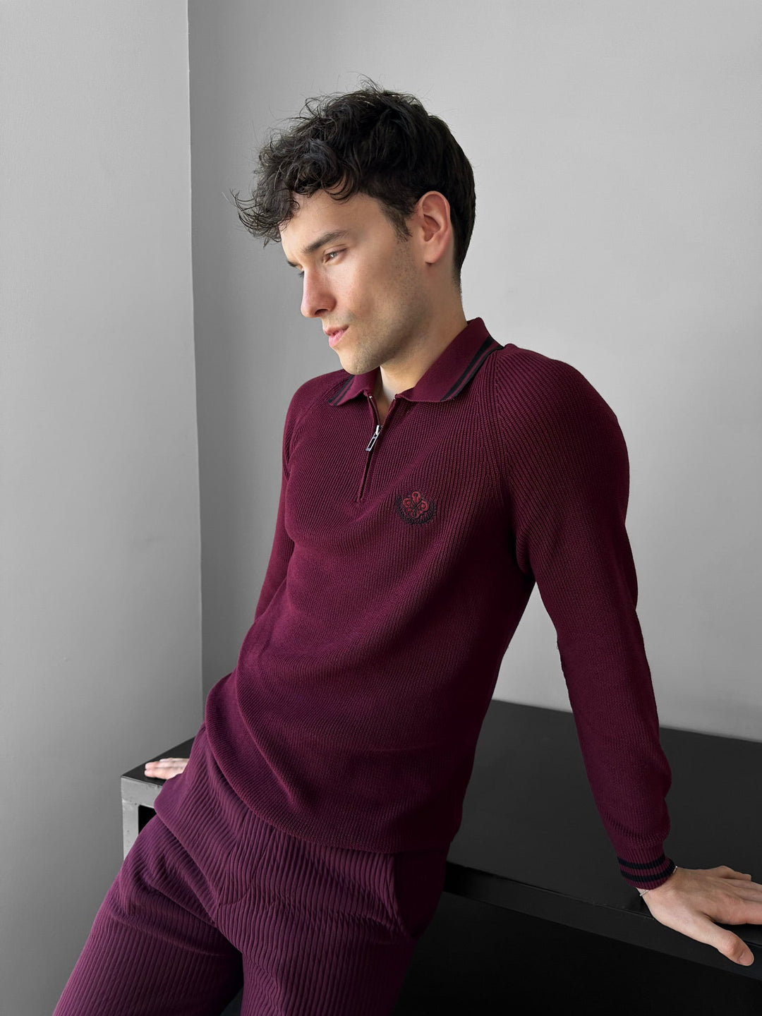 Slim Fit Half-Zip Haftowany Sweter Polo - Bordeaux