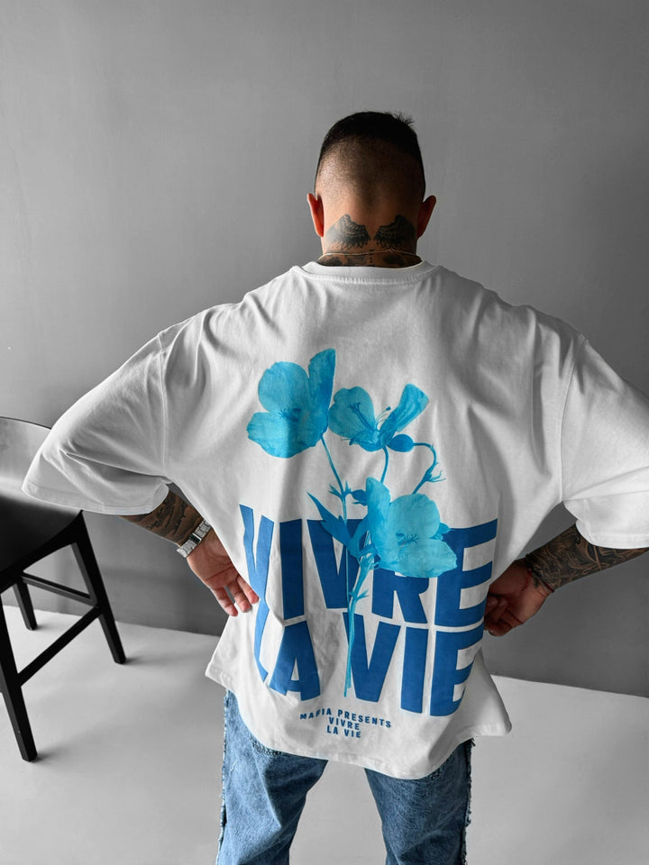 Oversize T-shirt Vivre la Vie - Ecru i Niebieski
