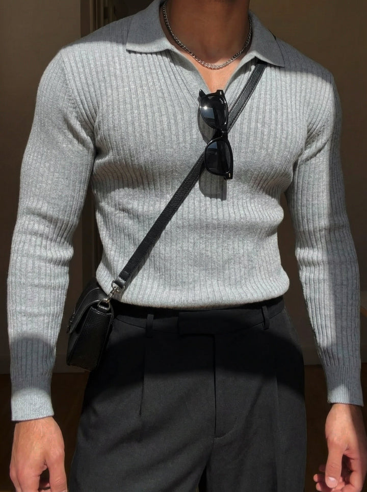Sweter polo Slim Fit - Szary