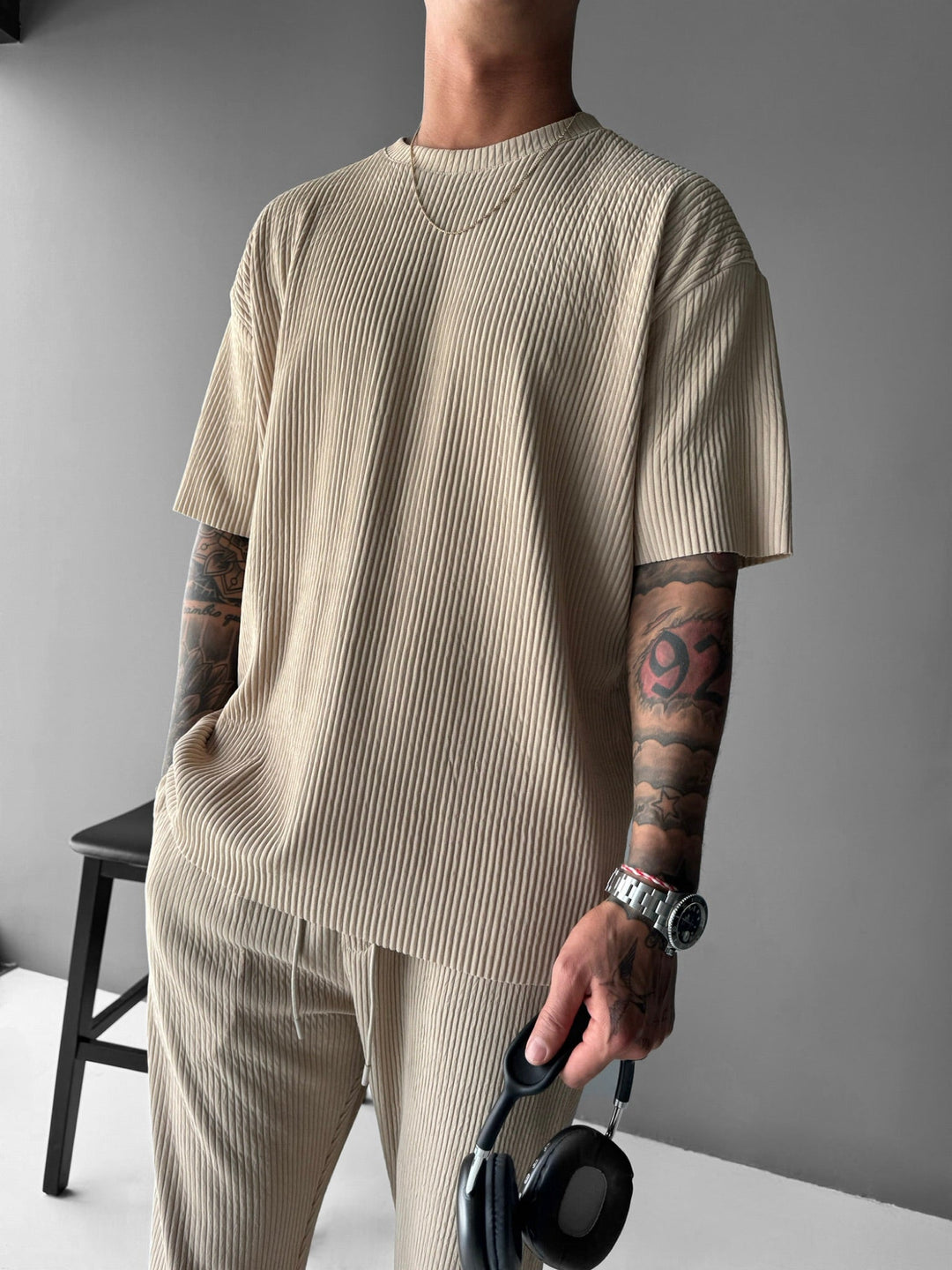 Oversize Ribbed T-Shirt - Beżowy