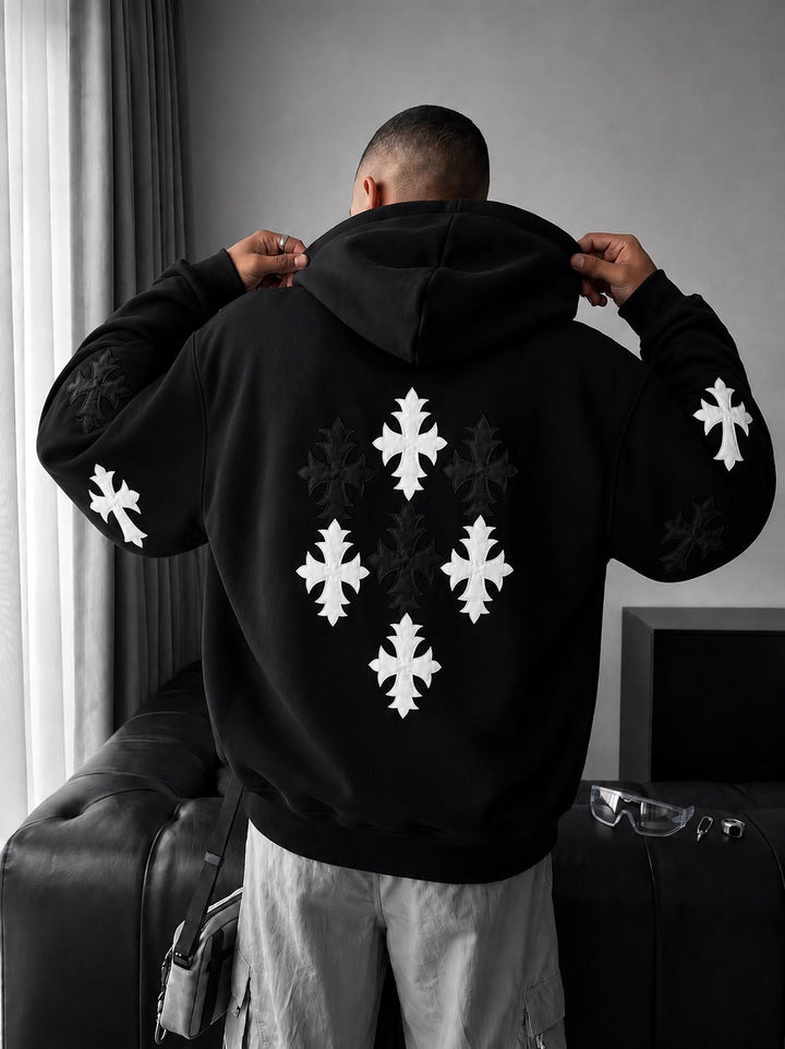 Oversize Gothic Cross Hoodie - Czarny