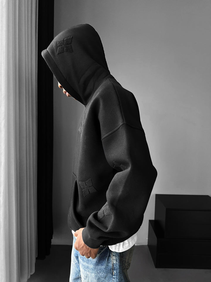 Oversize Szczegółowy Hoodie - Czarny