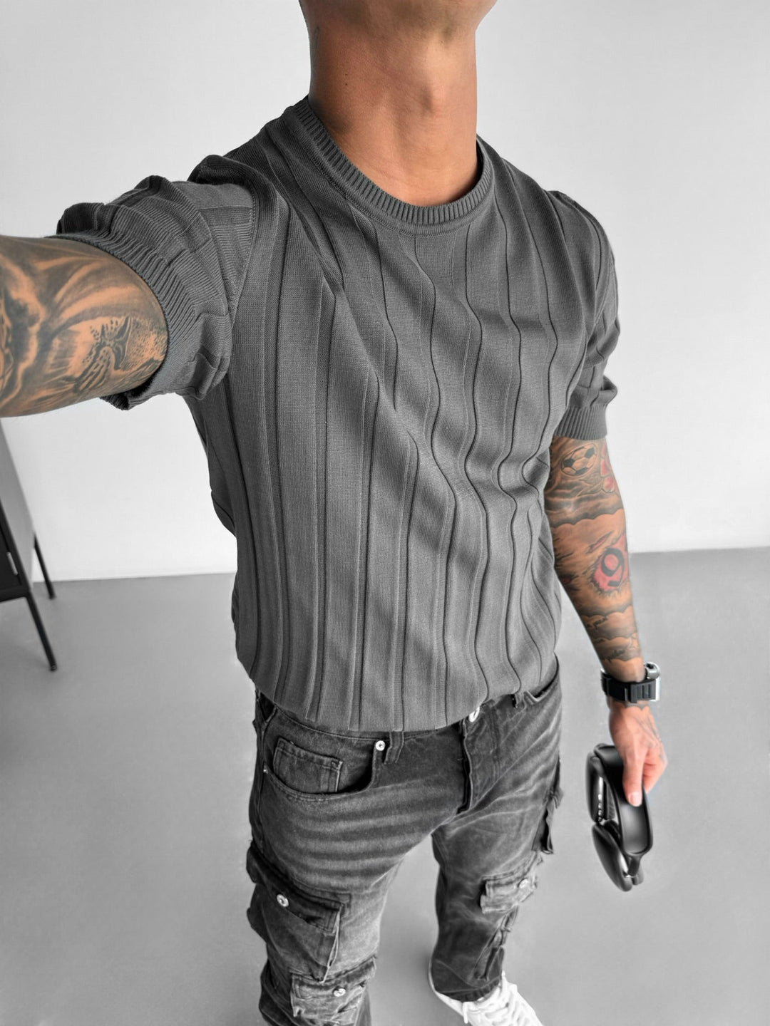 T-shirt Regular Fit z dzianiny - Antracyt