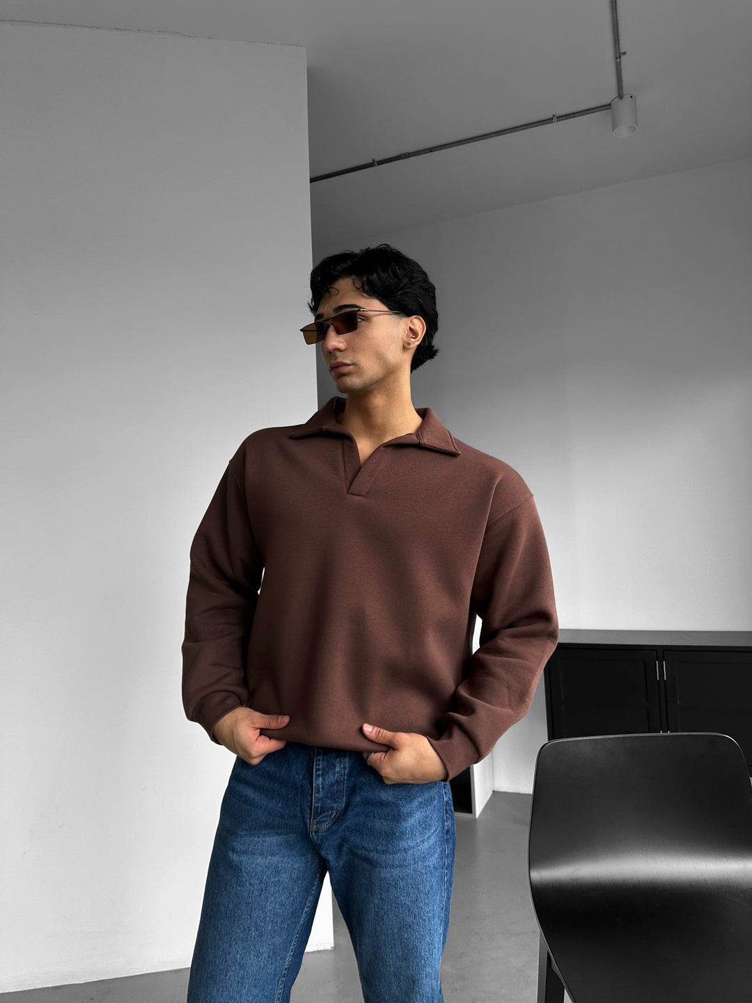 Oversize Podstawowa Bluza Polo - Czekoladowy Brąz