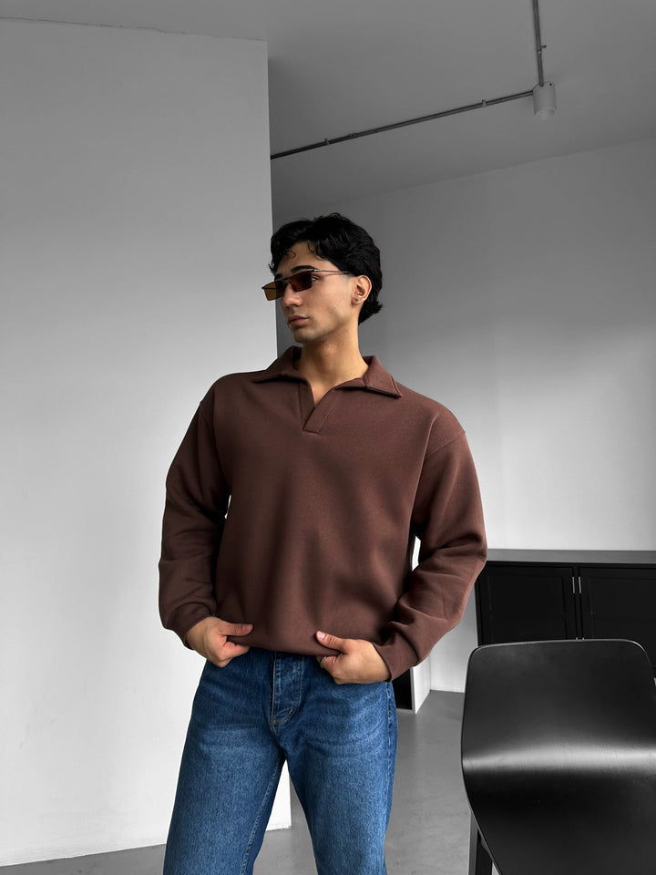 Oversize Podstawowa Bluza Polo - Czekoladowy Brąz