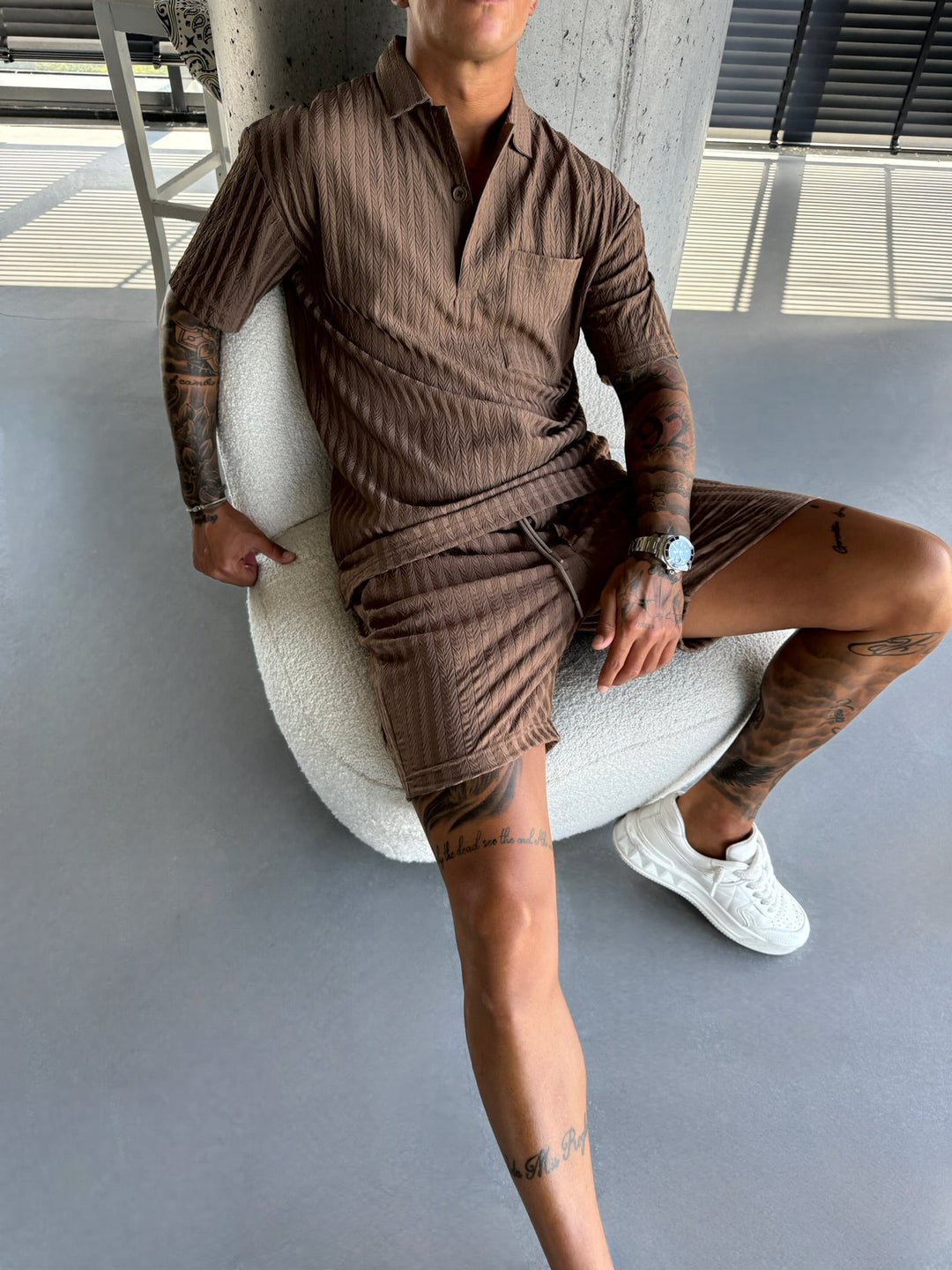 Oversize Strukturalna Koszulka Polo - Cappuccino