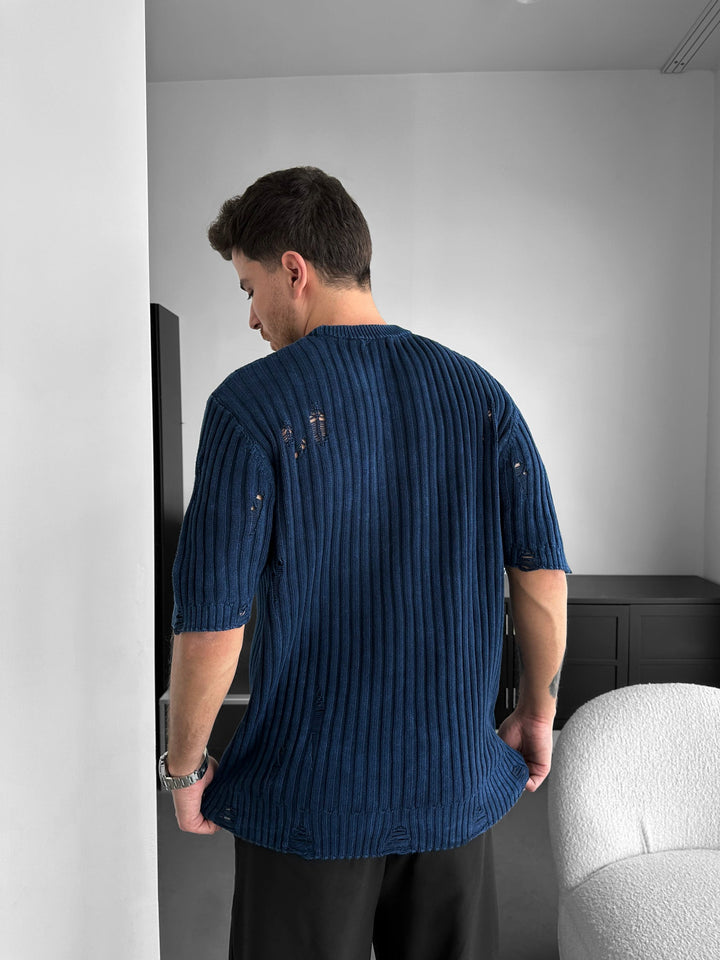 Oversize Przetarty T-shirt - Niebieski