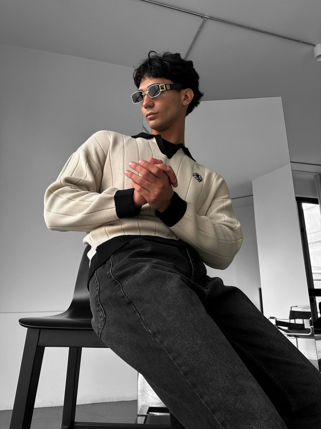 Oversized Haftowany Sweter Polo - Kamień