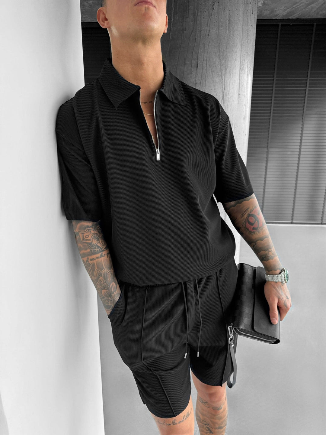 Oversize Teksturowana Koszulka Polo z Zamkiem - Czarna