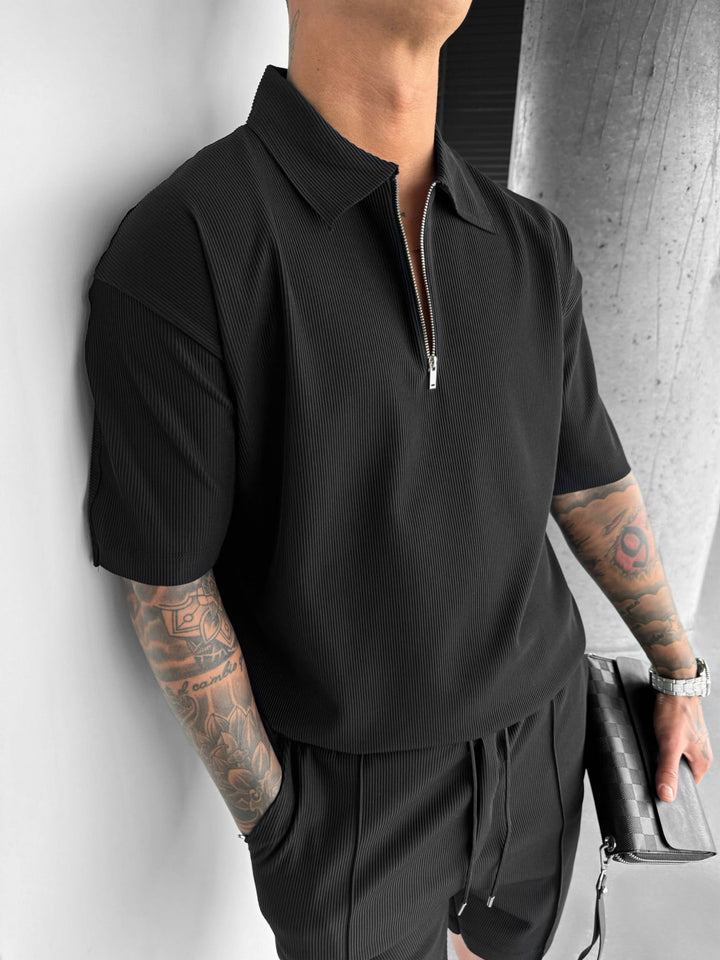 Oversize Teksturowana Koszulka Polo z Zamkiem - Czarna