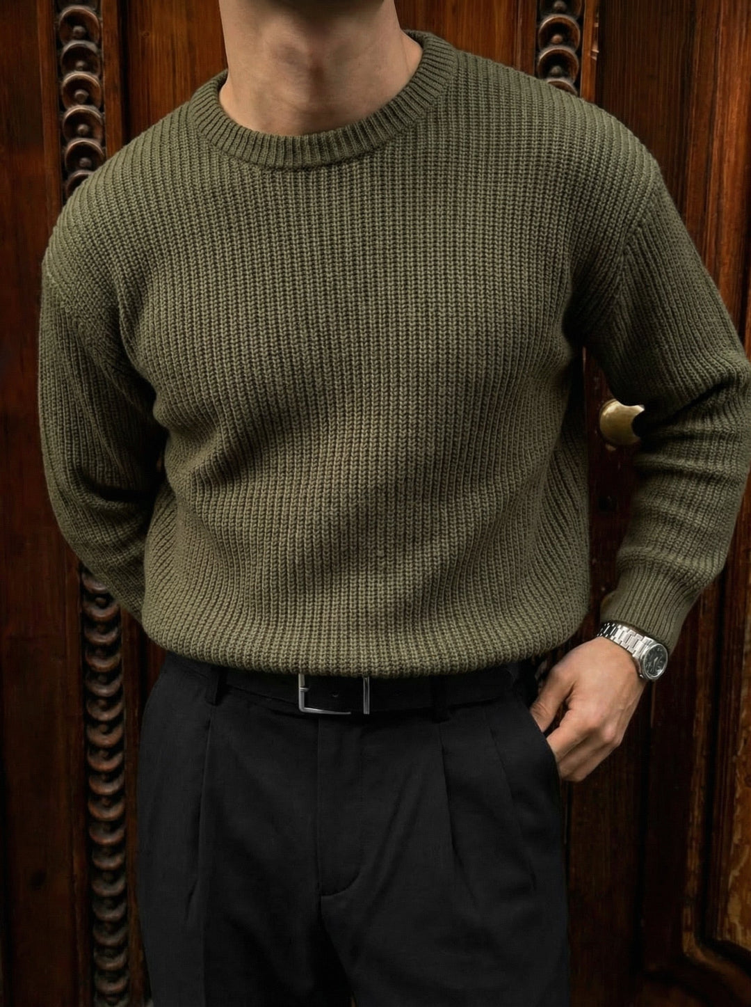 Oversize Strukturalny Sweter - Khaki