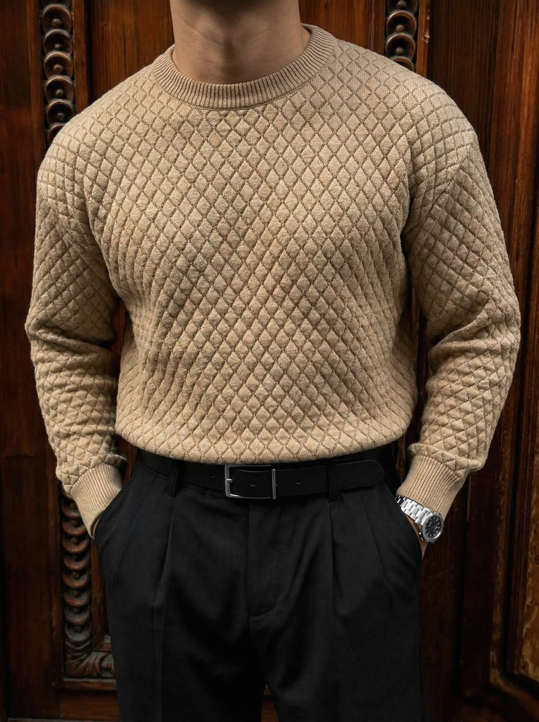 Sweter Slim Fit z teksturą - Brązowy Mlecznej Czekolady