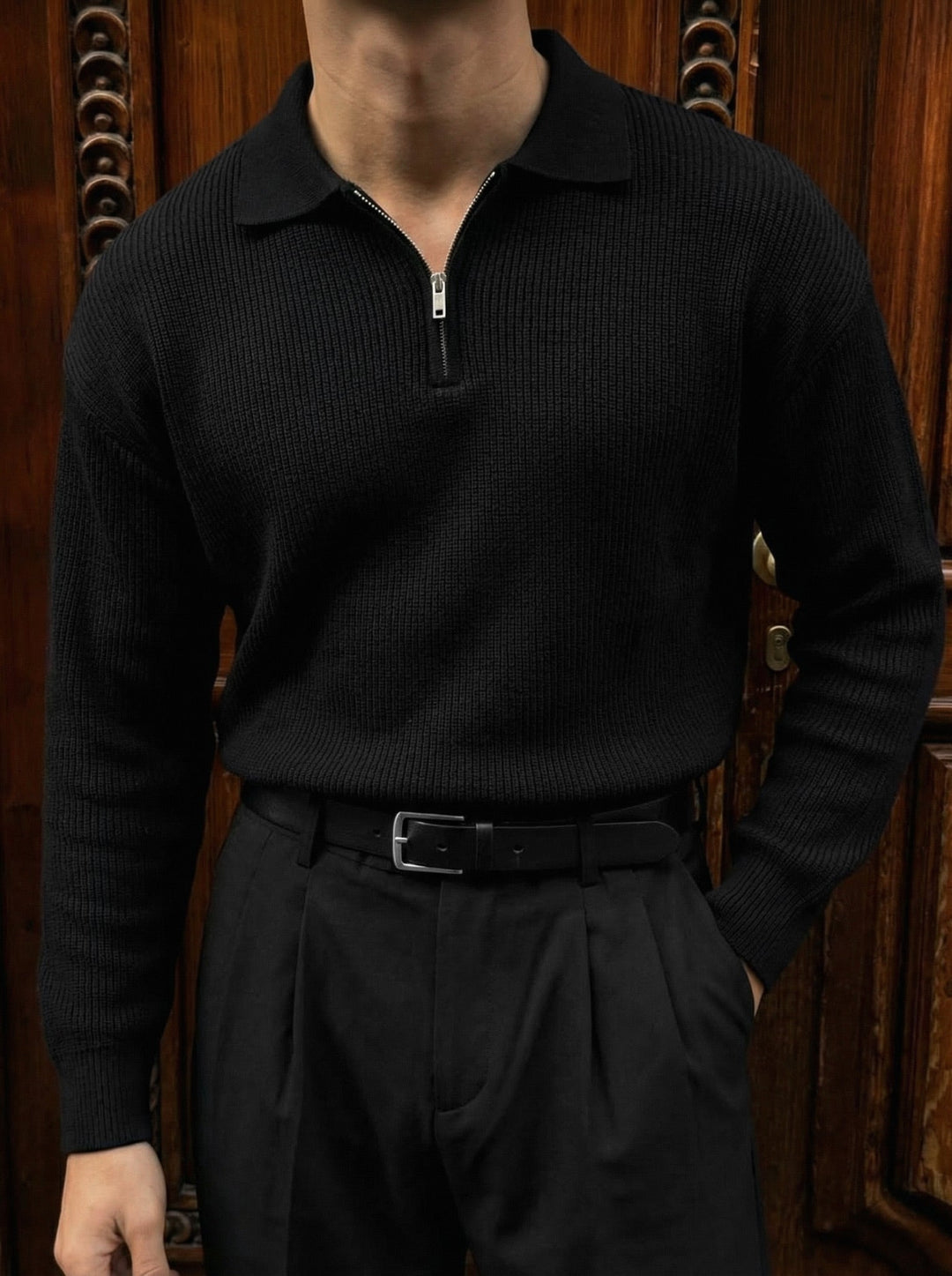 Sweter polo z zamkiem błyskawicznym w slim fit - Czarny