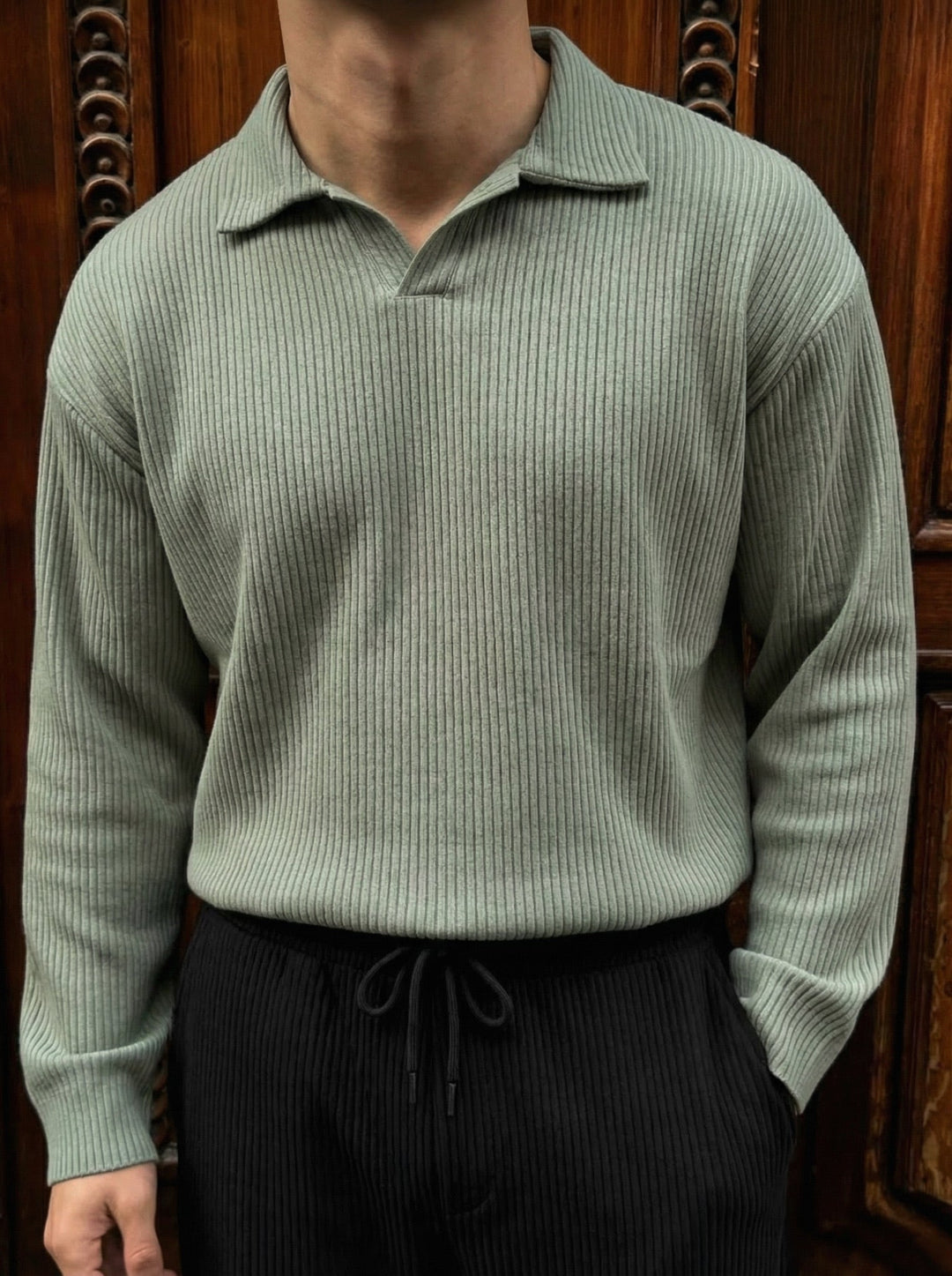 Oversize Ribbed Long Arm Polo T-shirt - Zielony