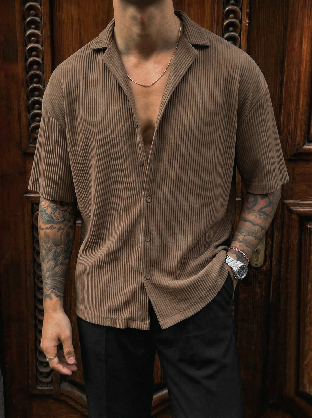 Oversize Ribbed Shirt - Brązowy