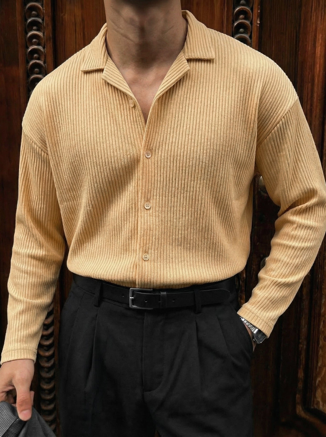 Oversize Ribbed Long Arm Shirt - Almond Buff