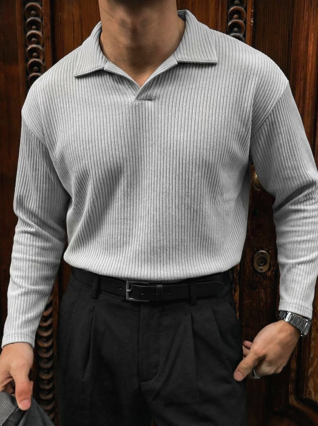 Oversize Ribbed Long Arm Polo T-shirt - Szary