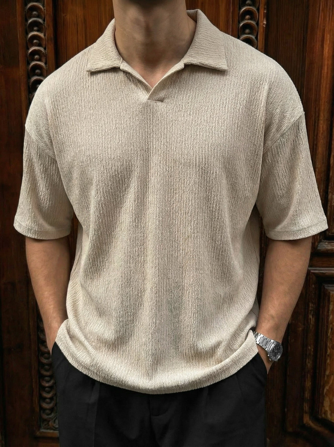 Oversize Crepe Polo T-Shirt - Beżowy