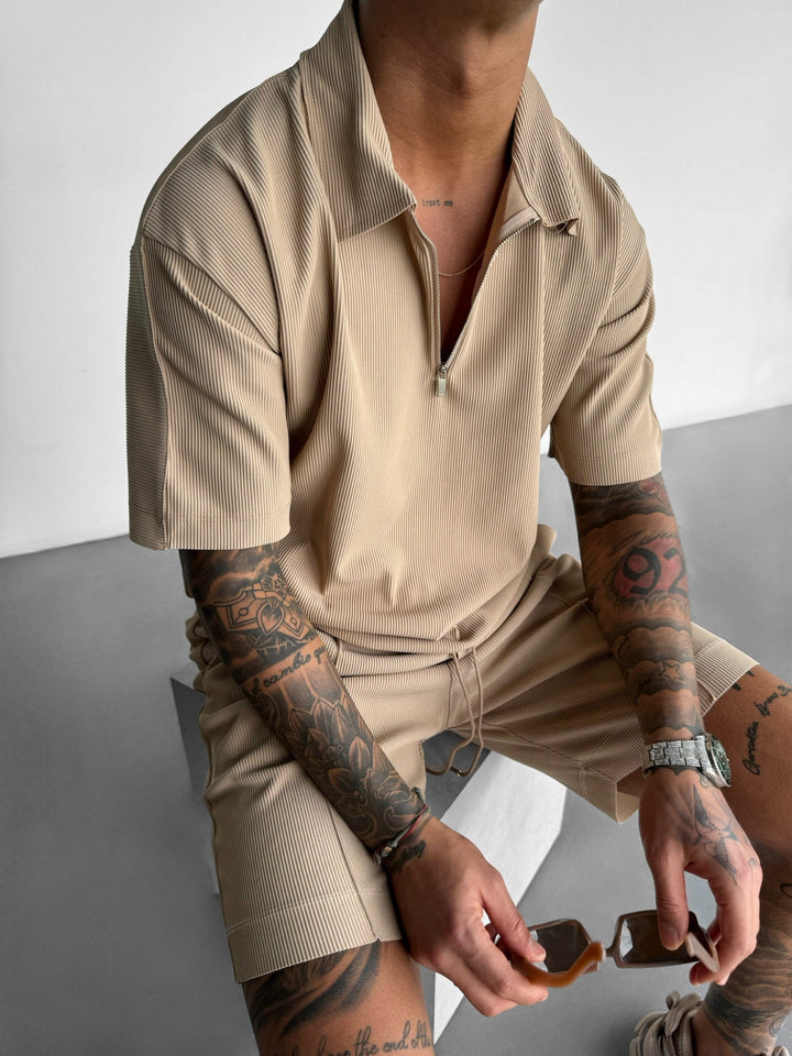 Oversize Teksturowana Koszulka Polo z Zipperem - Beżowa