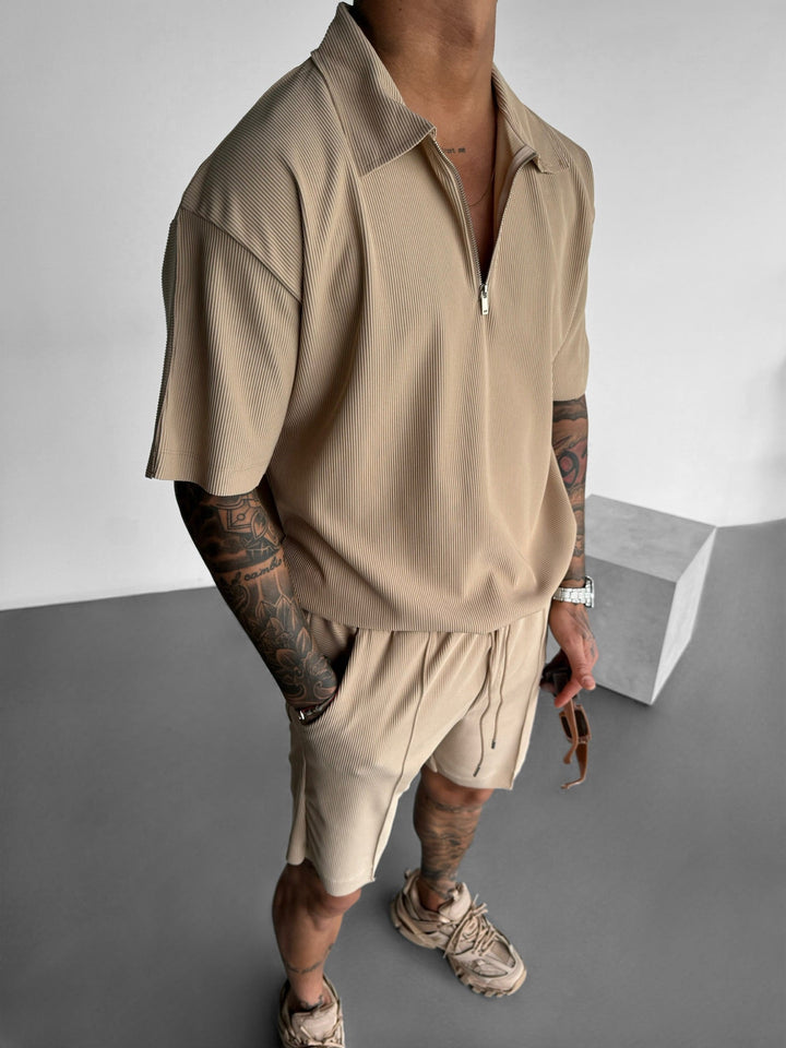Oversize Teksturowana Koszulka Polo z Zipperem - Beżowa