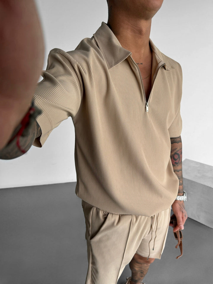 Oversize Teksturowana Koszulka Polo z Zipperem - Beżowa