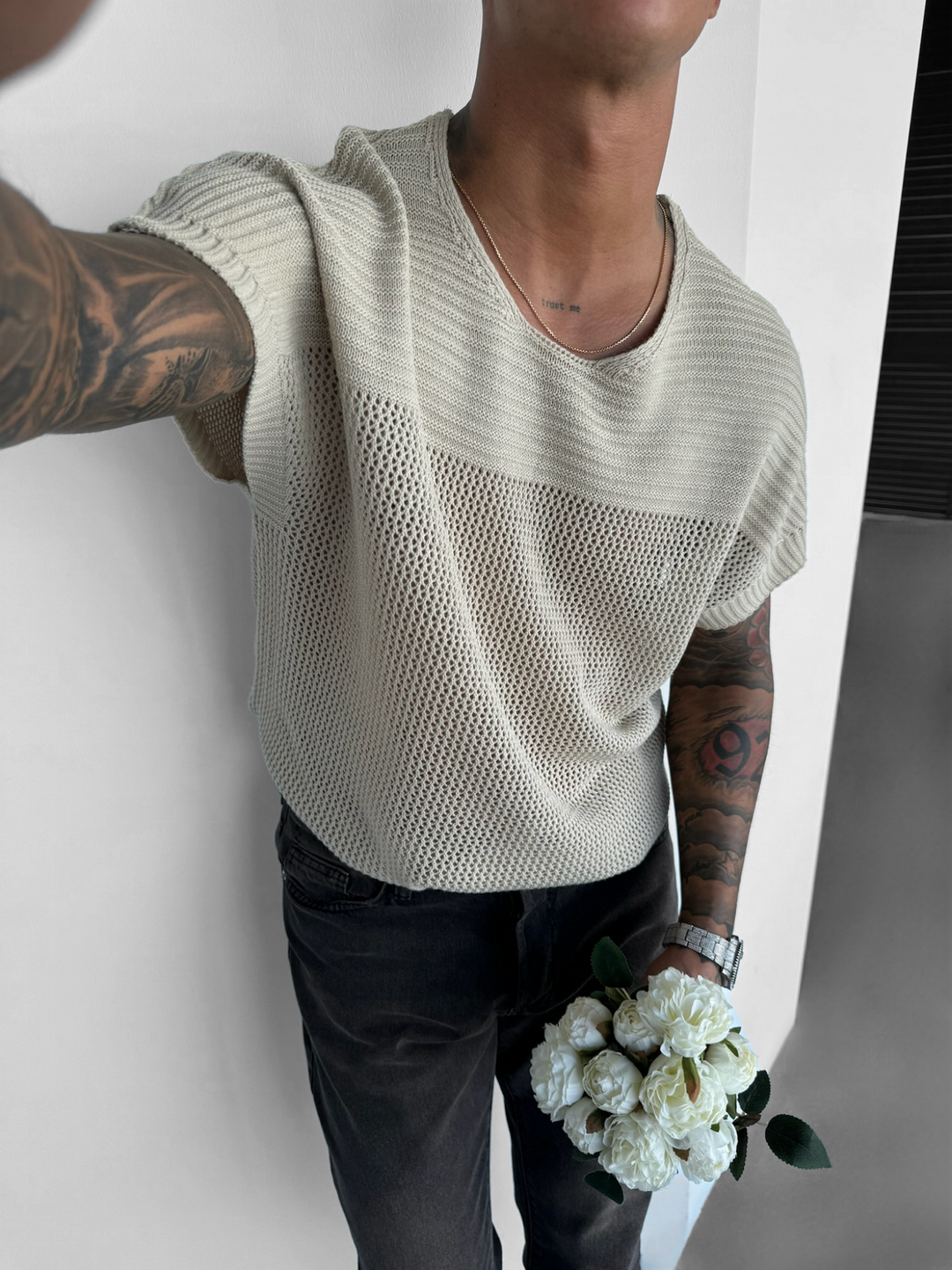 Oversize Teksturowana Koszulka T-shirt - Krem