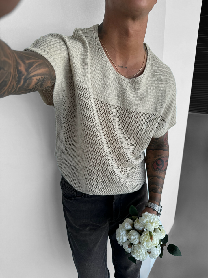 Oversize Teksturowana Koszulka T-shirt - Krem