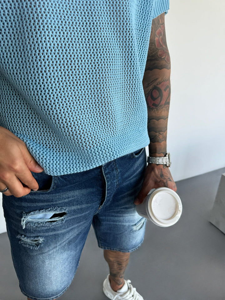 T-shirt Oversize z Teksturowanej Dzianiny - Babyblue
