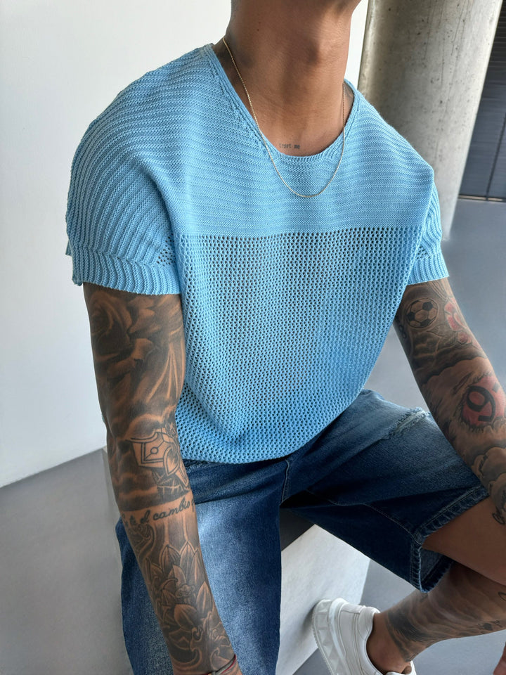 T-shirt Oversize z Teksturowanej Dzianiny - Babyblue